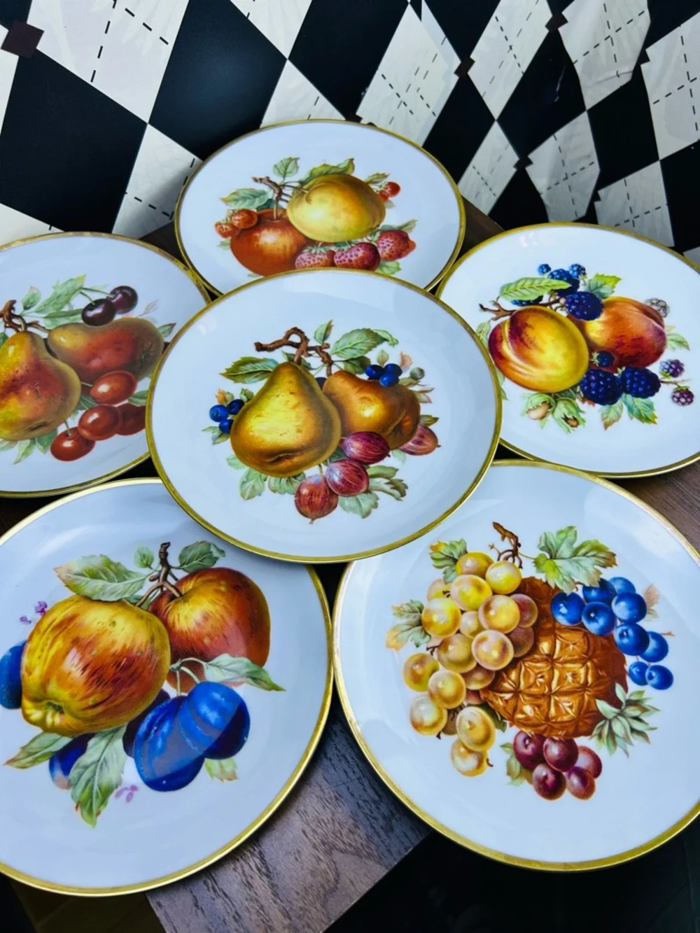Vintage Mitterteich Bavaria Fruit Plates Set‎ of 6 Gold Rim German Porcelain